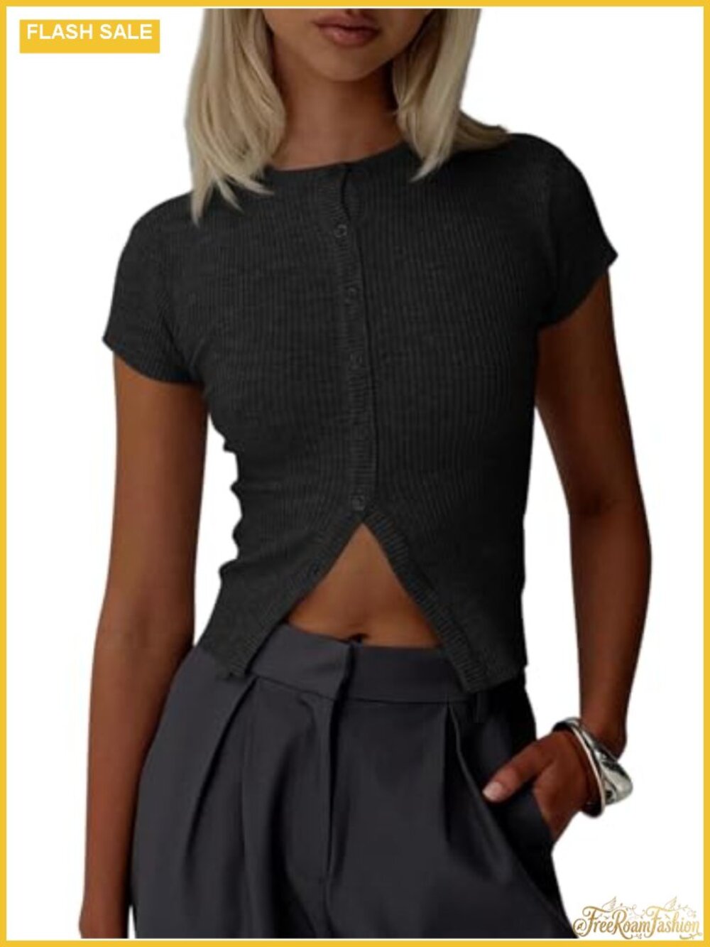 Ribbed Knit Cropped Cardigan Button Down Short Sleeve Slim Fit Summer Top